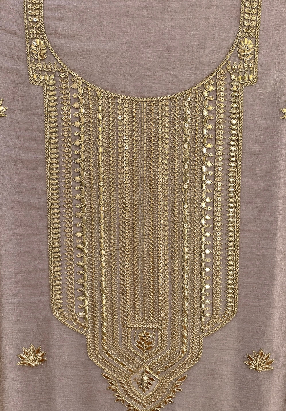 Giraffe Silk Suit with Zari, Sequence & Gota Work in Gold — Giraffe Silk, un-stitched suit set by Stree Boutique (photo 2)