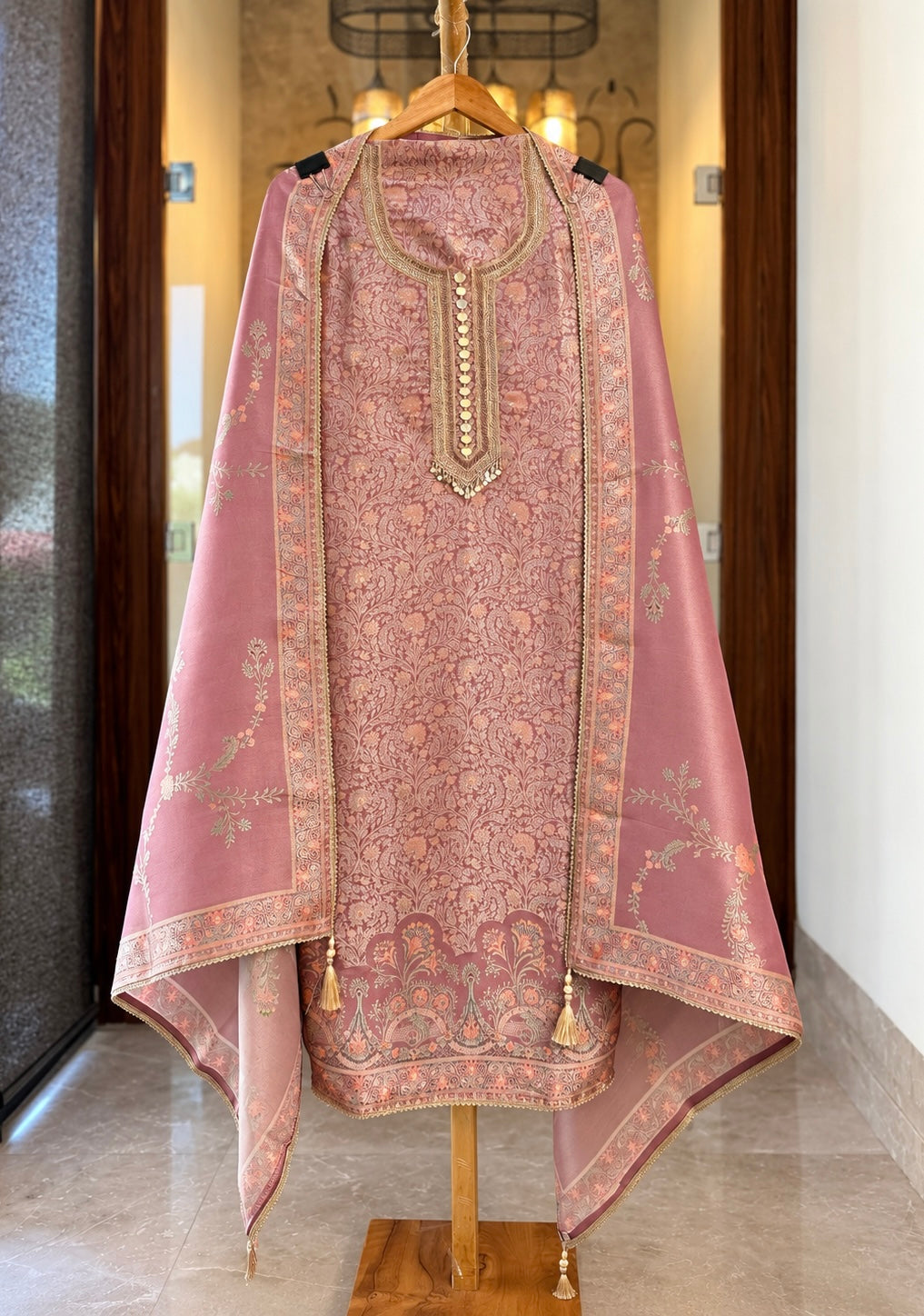 Pure Giraffe Silk Suit with Position, Zari & Mirror Work in Blush Pink — Giraffe Silk, un-stitched suit set by Stree Boutique (photo 1)