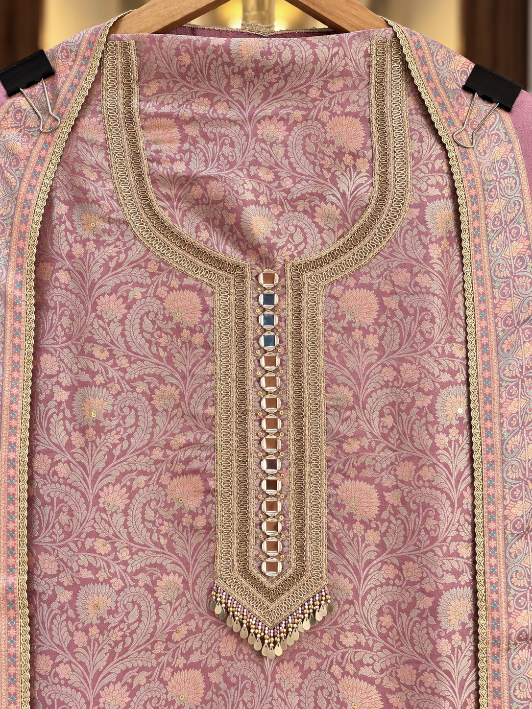 Pure Giraffe Silk Suit with Position, Zari & Mirror Work in Blush Pink — Giraffe Silk, un-stitched suit set by Stree Boutique (photo 2)