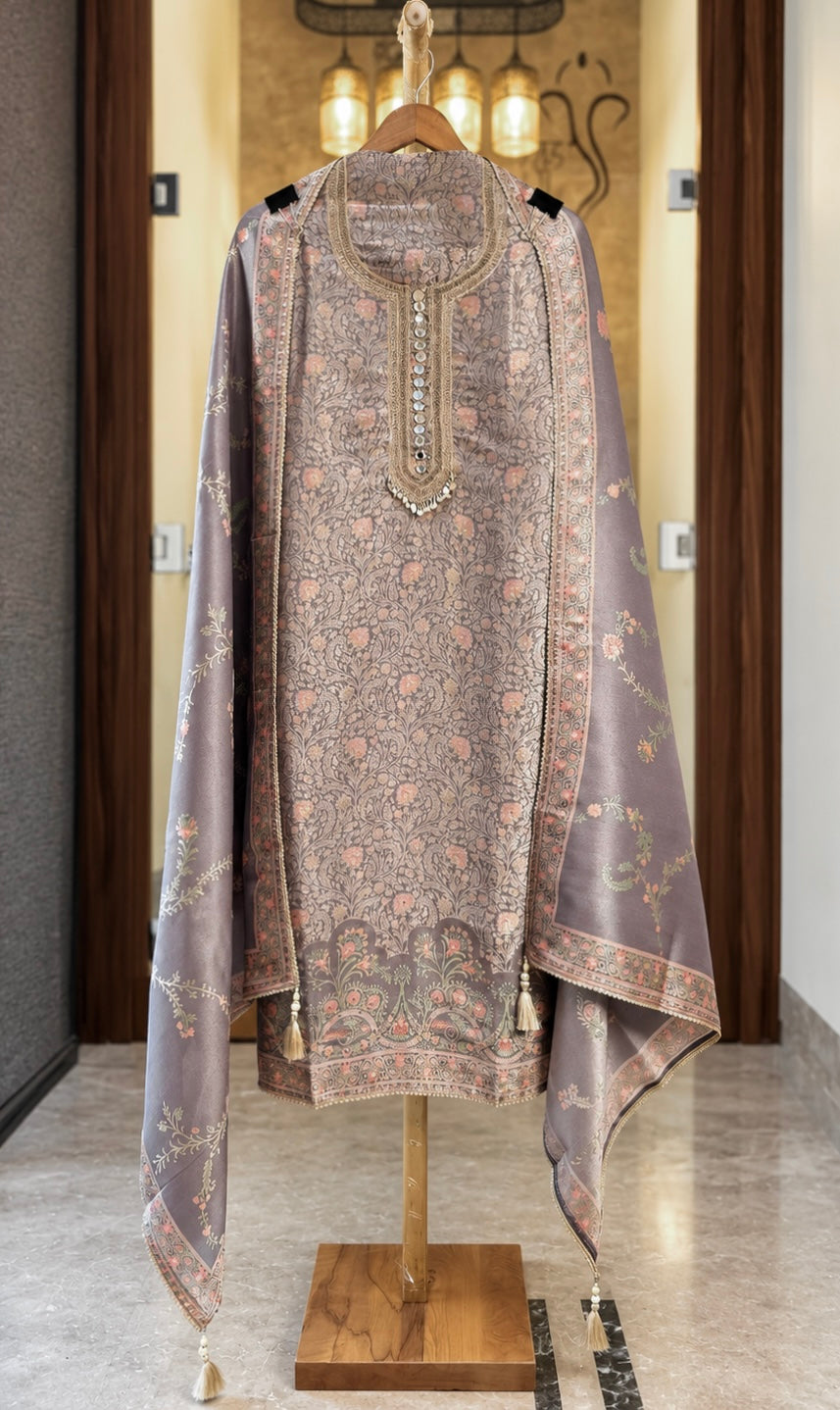 Pure Giraffe Silk Suit with Position, Zari & Mirror Work in Grey — Giraffe Silk, un-stitched suit set by Stree Boutique (photo 1)