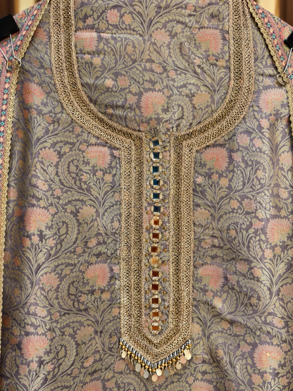 Pure Giraffe Silk Suit with Position, Zari & Mirror Work in Grey — Giraffe Silk, un-stitched suit set by Stree Boutique (photo 2)