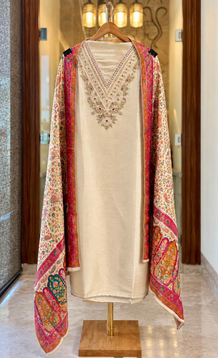 Giraffe Silk Suit with Zari, Pearl & Sequence Work with Thread Work Dupatta in Cream — Giraffe Silk, un-stitched suit set by Stree Boutique (photo 1)