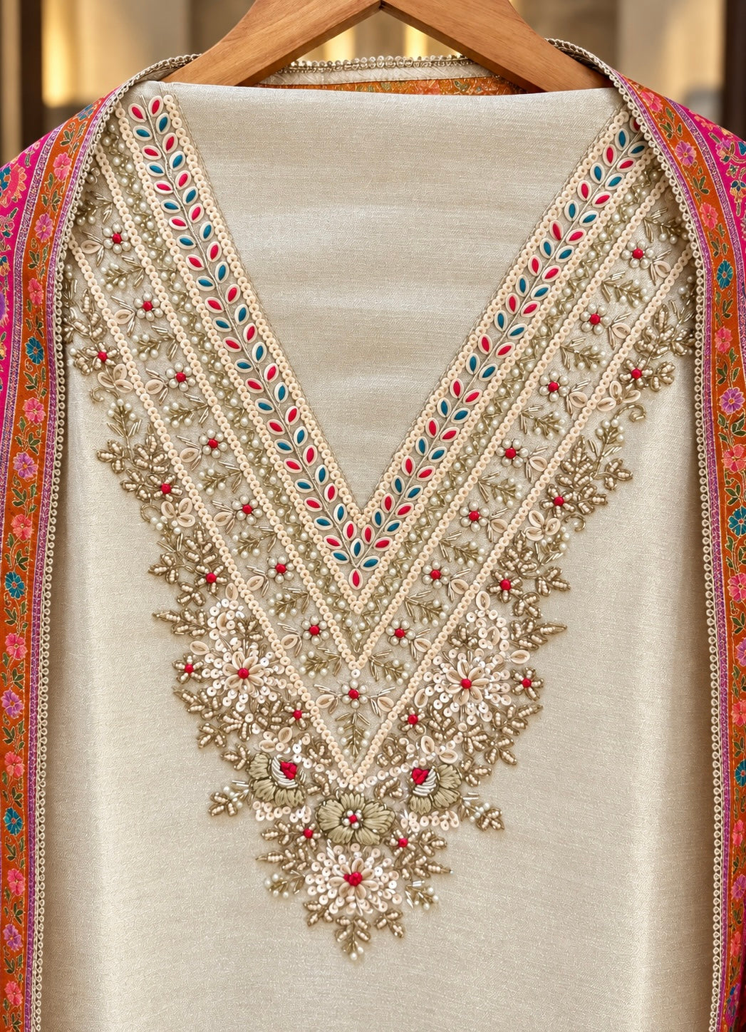 Giraffe Silk Suit with Zari, Pearl & Sequence Work with Thread Work Dupatta in Cream — Giraffe Silk, un-stitched suit set by Stree Boutique (photo 2)