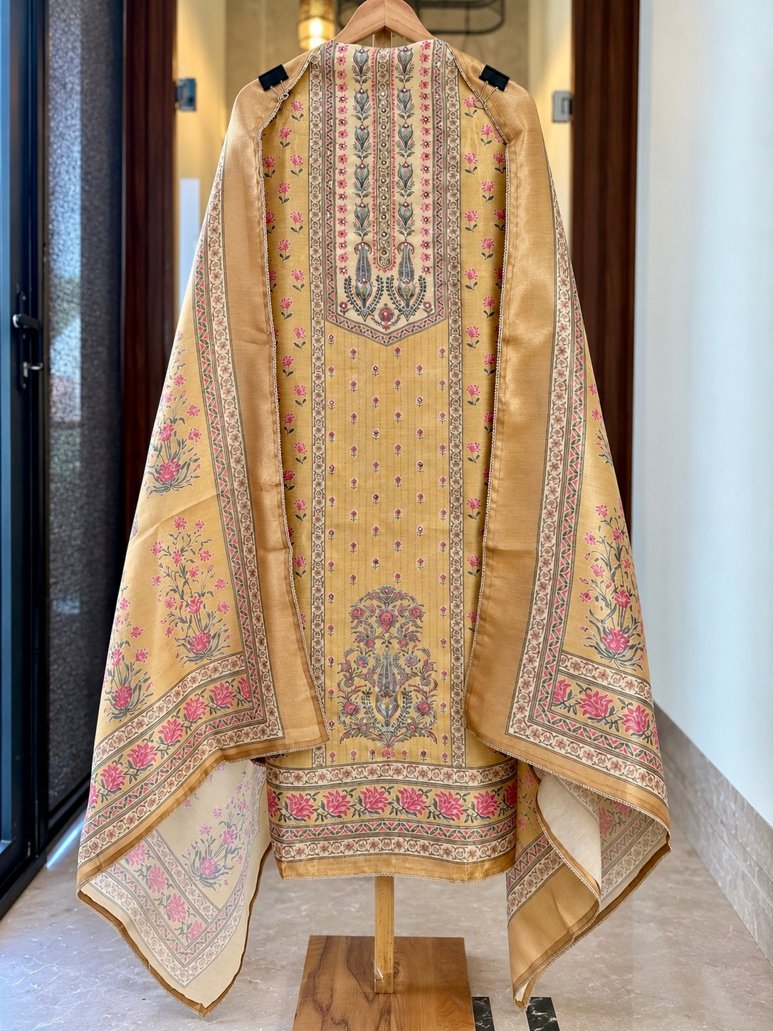 Printed Giraffe Silk Suit with Neck Work in Yellow — Giraffe Silk, un-stitched suit set by Stree Boutique (photo 1)