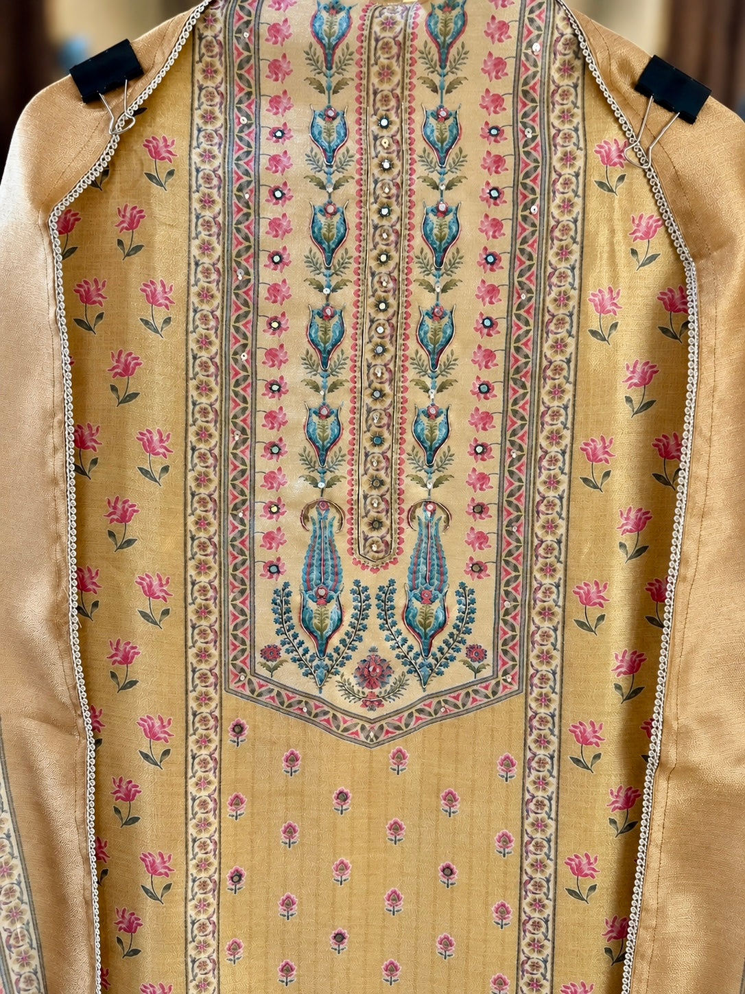 Printed Giraffe Silk Suit with Neck Work in Yellow — Giraffe Silk, un-stitched suit set by Stree Boutique (photo 2)