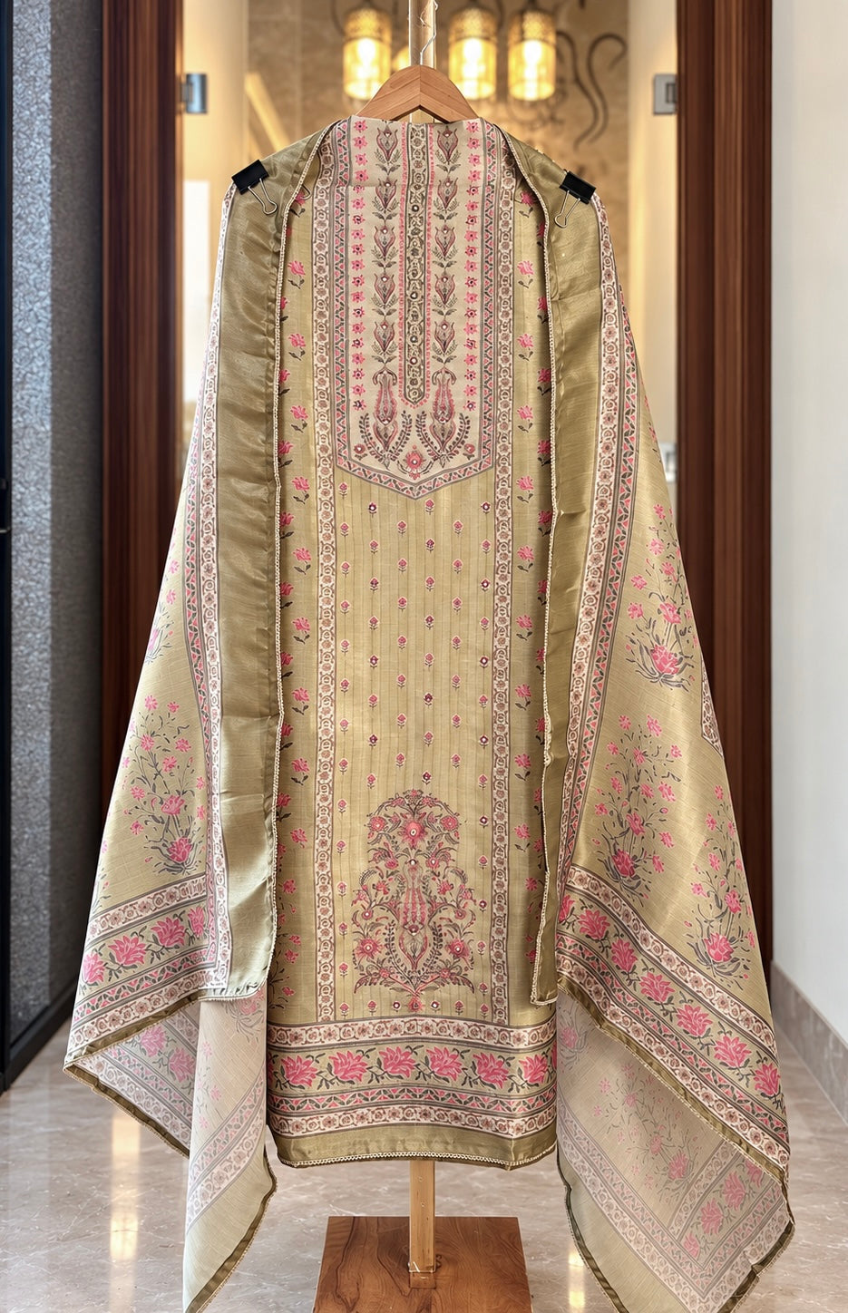 Printed Giraffe Silk Suit with Neck Work in Green — Giraffe Silk, un-stitched suit set by Stree Boutique (photo 1)