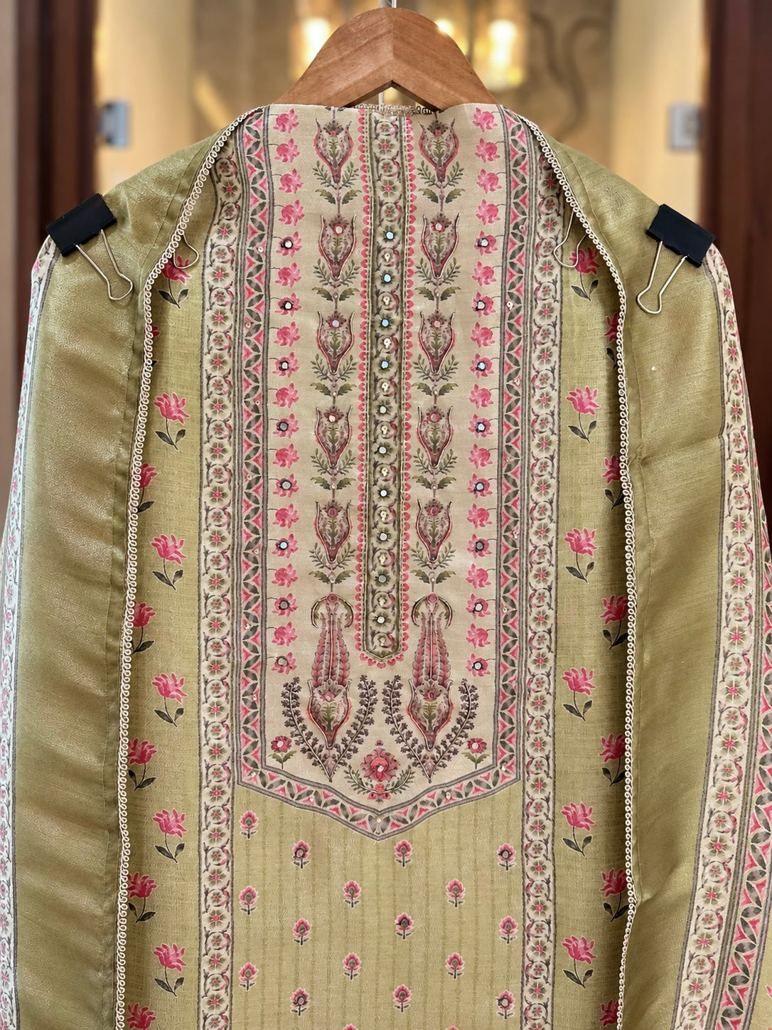 Printed Giraffe Silk Suit with Neck Work in Green — Giraffe Silk, un-stitched suit set by Stree Boutique (photo 2)
