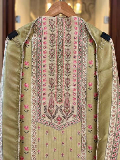 Printed Giraffe Silk Suit with Neck Work in Green — Giraffe Silk, un-stitched suit set by Stree Boutique (photo 2)