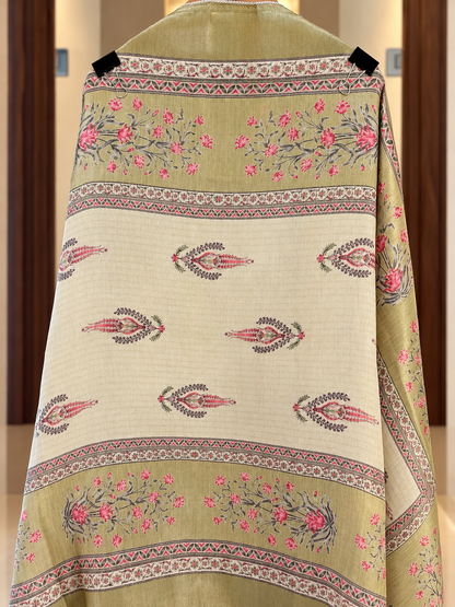 Printed Giraffe Silk Suit with Neck Work in Green — Giraffe Silk, un-stitched suit set by Stree Boutique (photo 3)