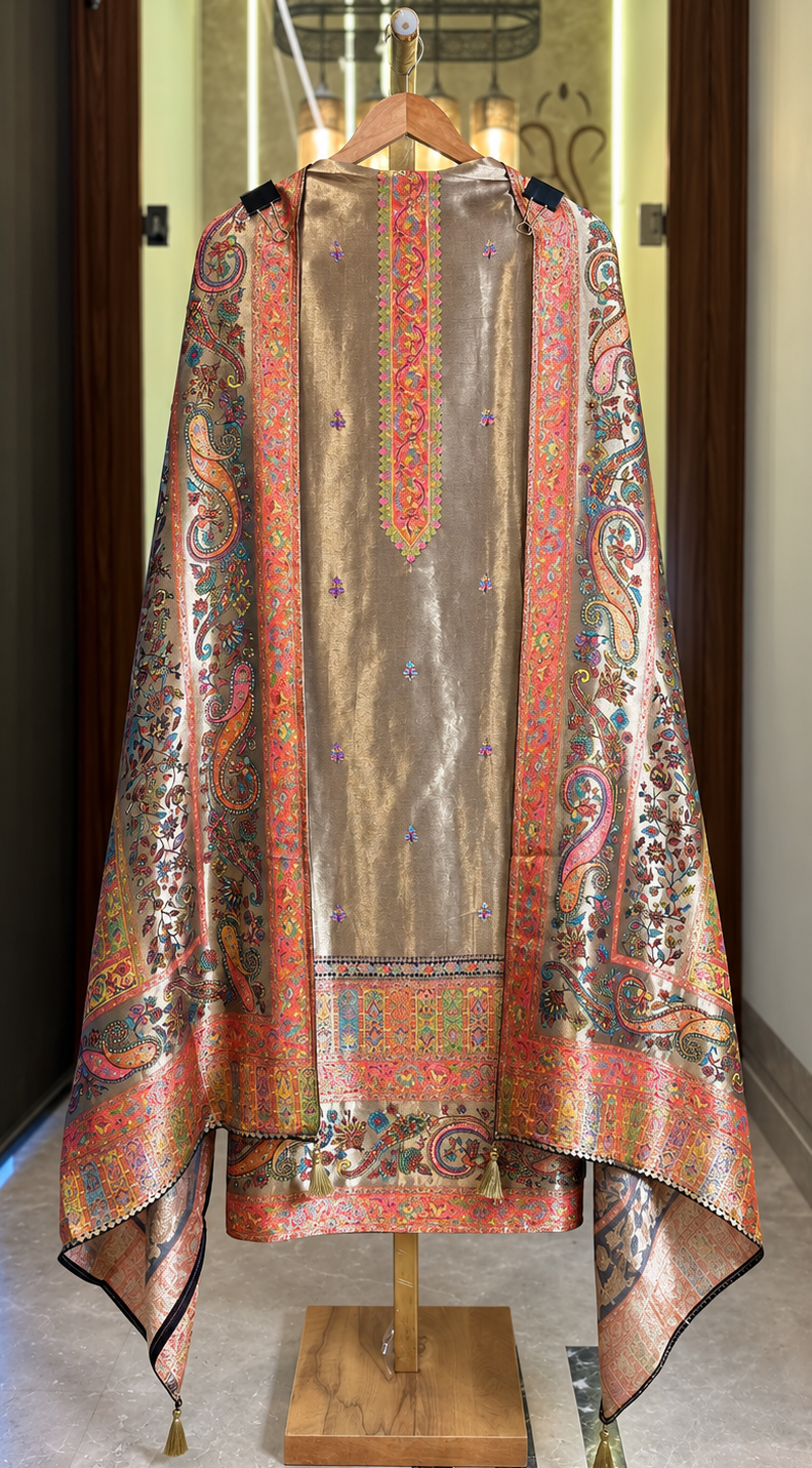 Moonlight Silk Suit with Weave Work in Metallic Gold — Moonlight Silk, un-stitched suit set by Stree Boutique (photo 1)