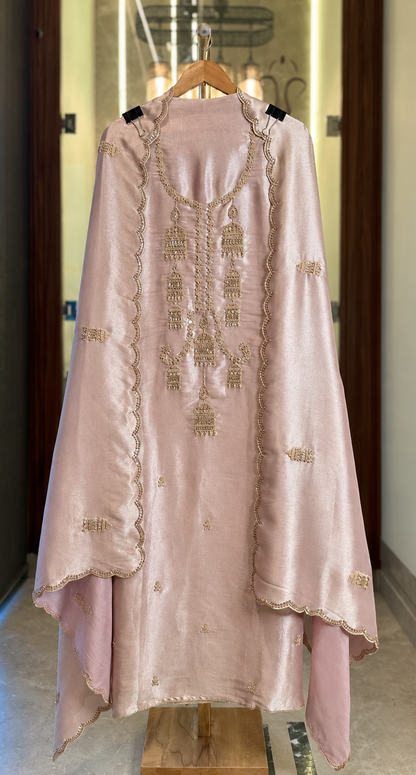 Pure Salsa Silk Suit with Thread, Sequence & Kutdana Work with Kaleera Design in Rose Gold — Salsa Silk, un-stitched suit set by Stree Boutique (photo 1)