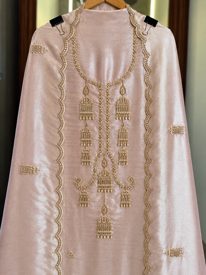Pure Salsa Silk Suit with Thread, Sequence & Kutdana Work with Kaleera Design in Rose Gold — Salsa Silk, un-stitched suit set by Stree Boutique (photo 2)