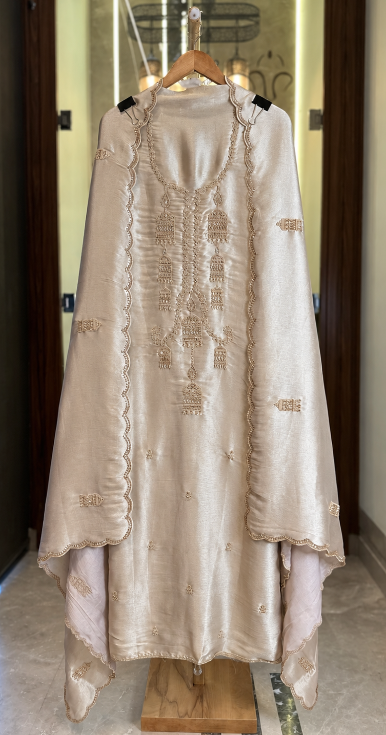 Pure Salsa Silk Suit with Thread, Sequence & Kutdana Work with Kaleera Design in Light Gold — Salsa Silk, un-stitched suit set by Stree Boutique (photo 1)