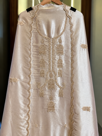 Pure Salsa Silk Suit with Thread, Sequence & Kutdana Work with Kaleera Design in Light Gold — Salsa Silk, un-stitched suit set by Stree Boutique (photo 2)