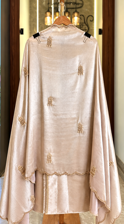 Pure Salsa Silk Suit with Thread, Sequence & Kutdana Work with Kaleera Design in Light Gold — Salsa Silk, un-stitched suit set by Stree Boutique (photo 3)