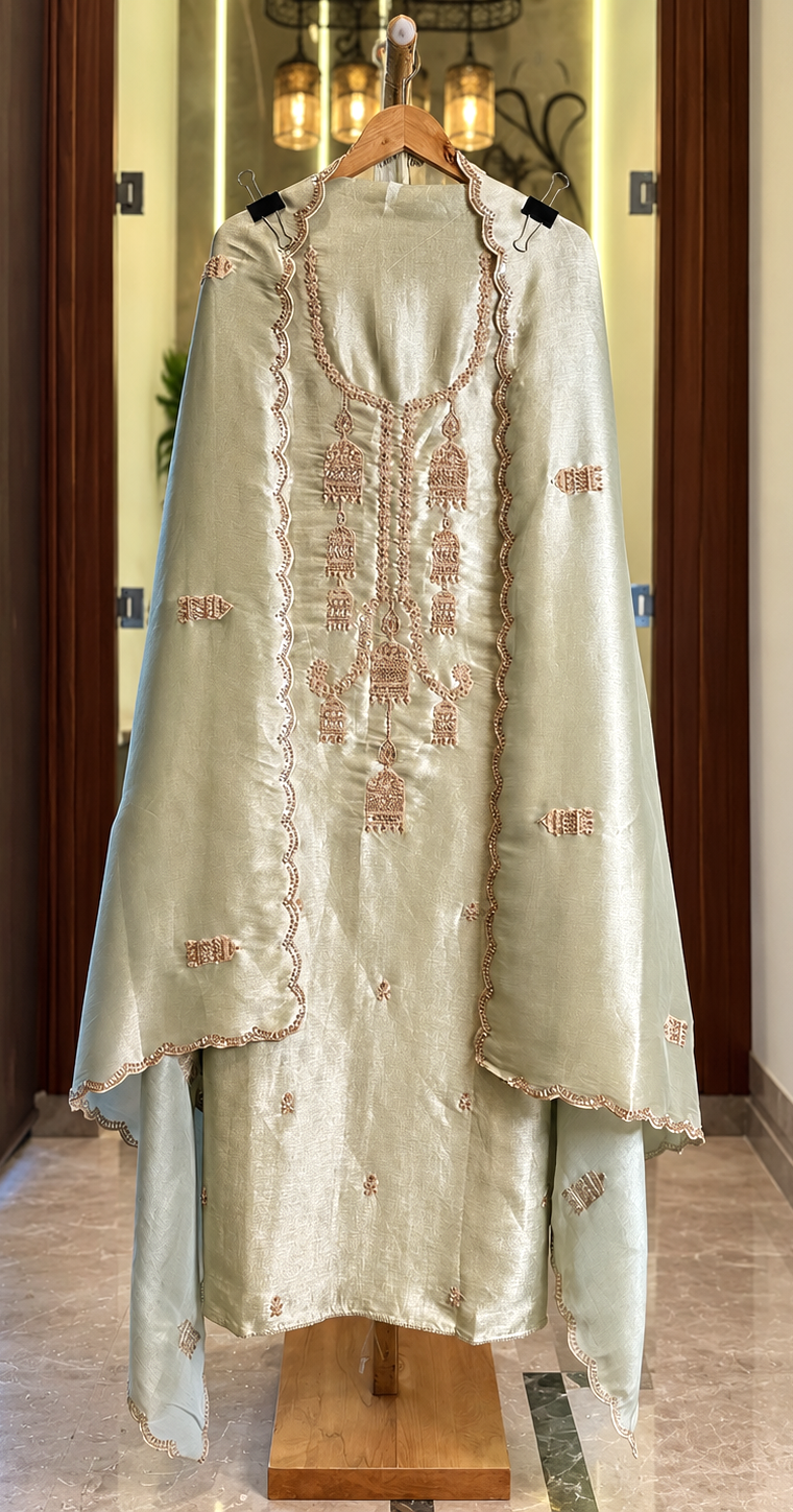 Pure Salsa Silk Suit with Thread, Sequence & Kutdana Work with Kaleera Design in Green — Salsa Silk, un-stitched suit set by Stree Boutique (photo 1)
