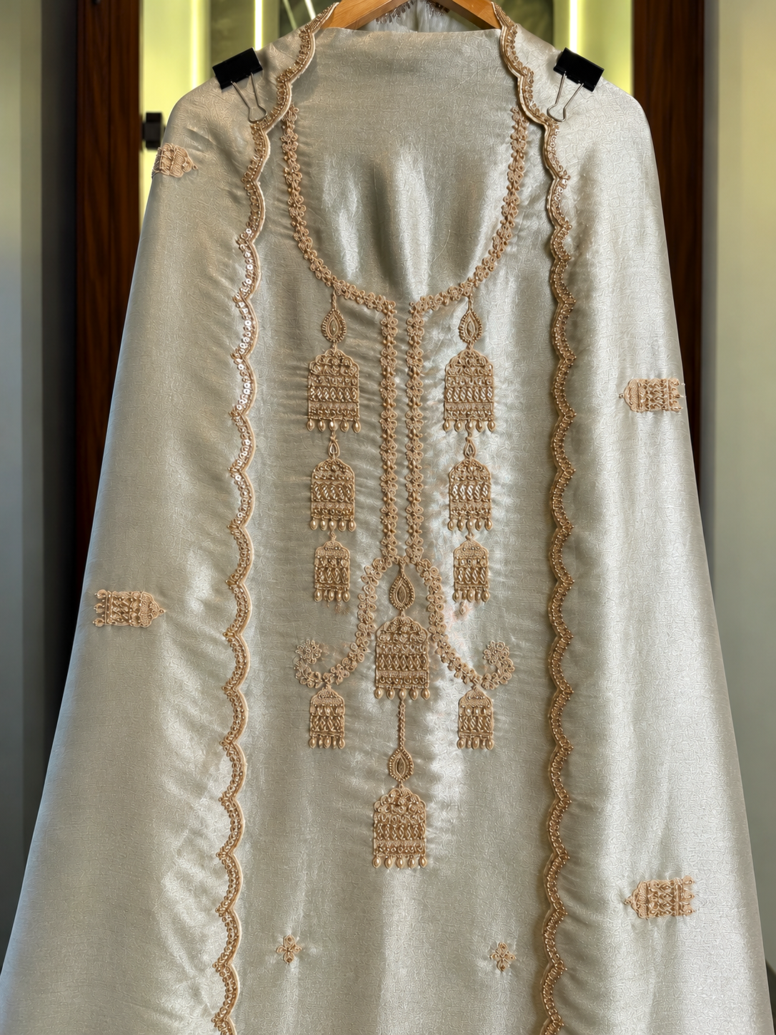Pure Salsa Silk Suit with Thread, Sequence & Kutdana Work with Kaleera Design in Green — Salsa Silk, un-stitched suit set by Stree Boutique (photo 2)