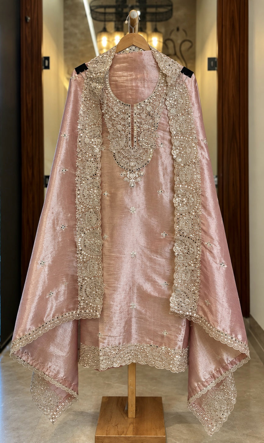 Dolomite Suit with Mirror Work in Peach — Dolomite, un-stitched suit set by Stree Boutique (photo 1)