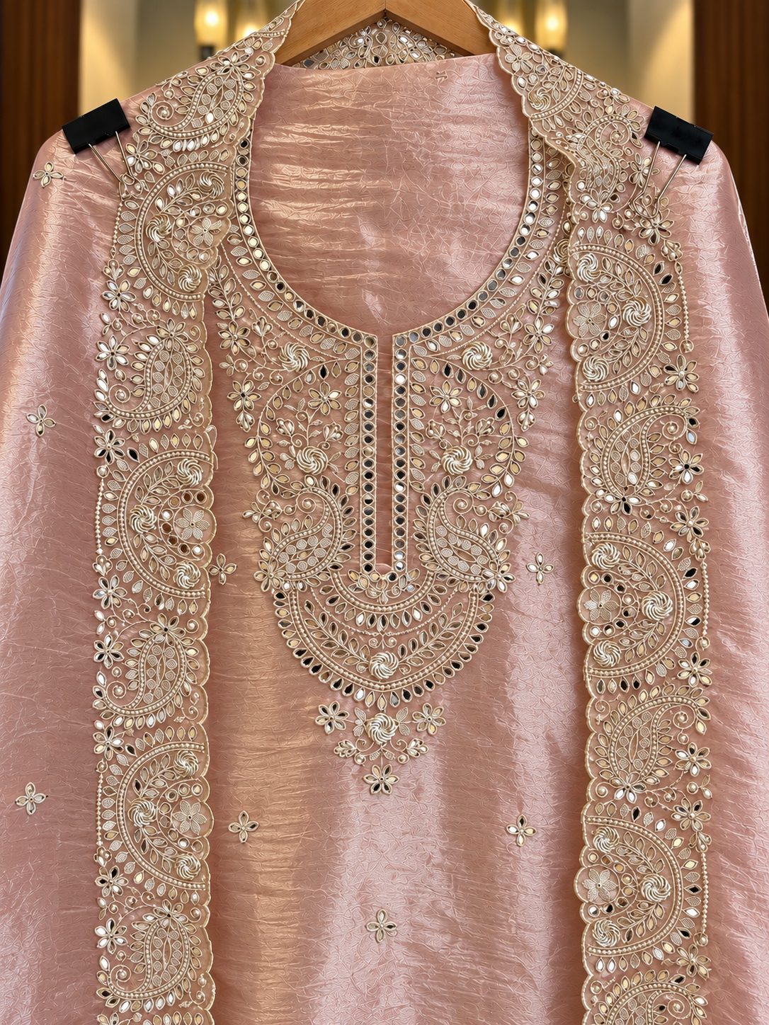 Dolomite Suit with Mirror Work in Peach — Dolomite, un-stitched suit set by Stree Boutique (photo 2)