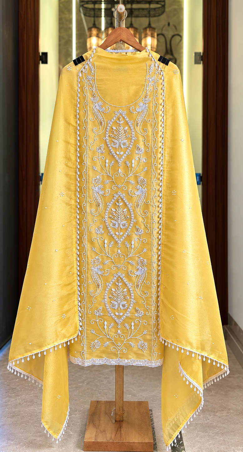 Organza Shimmer Suit with Pearl & Stone Work in Yellow — Organza Shimmer, un-stitched suit set by Stree Boutique (photo 1)