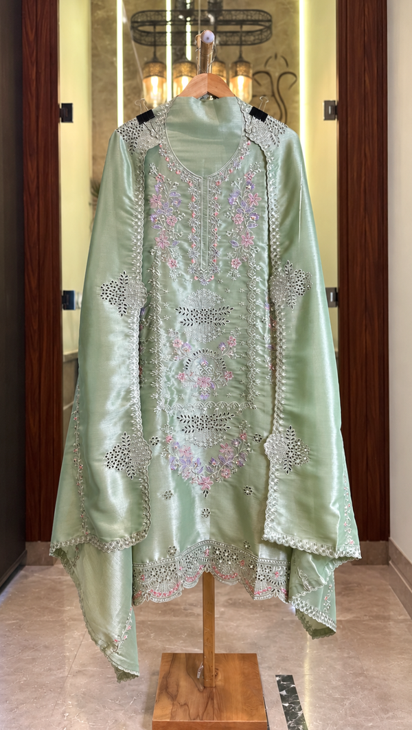 Salsa Silk Suit with Thread & Cut Work in Sea Green — Salsa Silk, un-stitched suit set by Stree Boutique (photo 1)