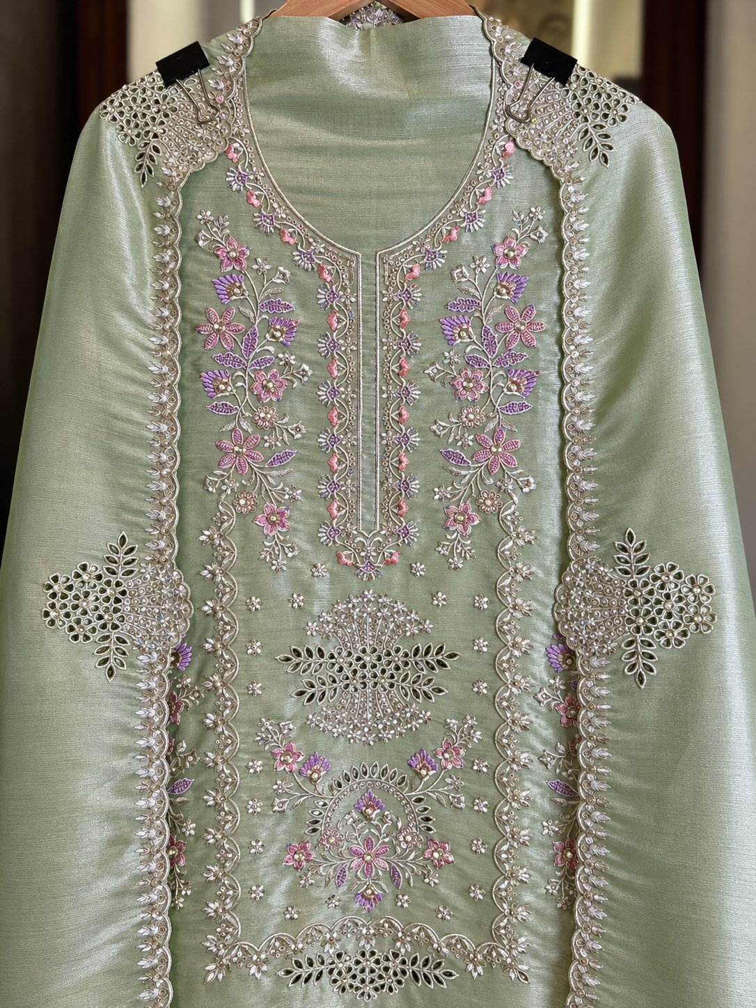 Salsa Silk Suit with Thread & Cut Work in Sea Green — Salsa Silk, un-stitched suit set by Stree Boutique (photo 2)