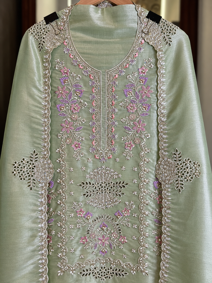 Salsa Silk Suit with Thread & Cut Work in Sea Green — Salsa Silk, un-stitched suit set by Stree Boutique (photo 2)
