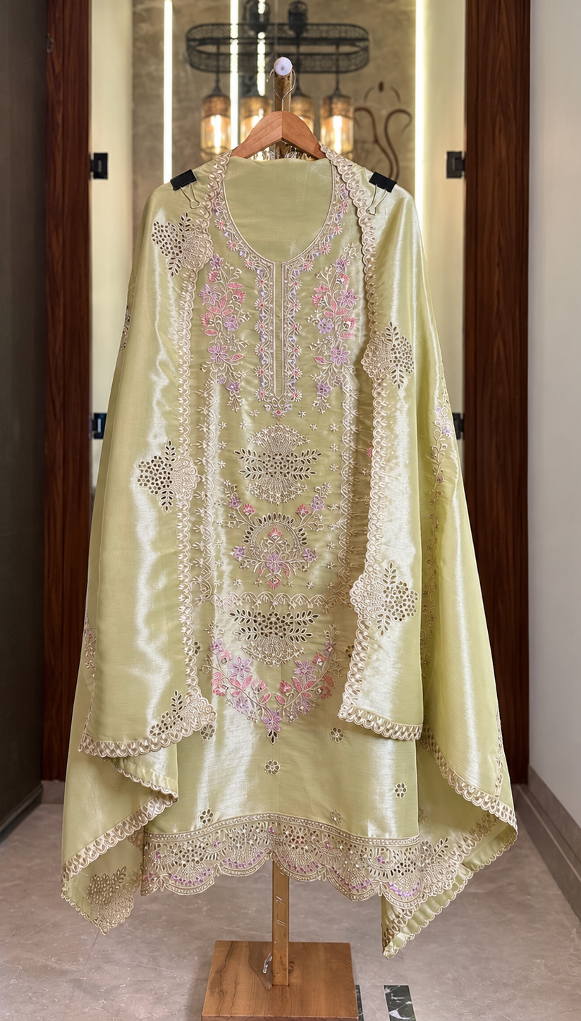 Salsa Silk Suit with Thread & Cut Work in Light Green — Salsa Silk, un-stitched suit set by Stree Boutique (photo 1)