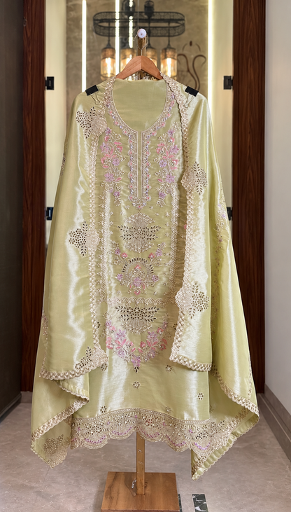 Salsa Silk Suit with Thread & Cut Work in Light Green — Salsa Silk, un-stitched suit set by Stree Boutique (photo 1)