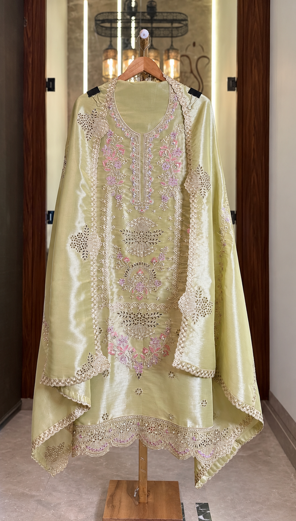 Salsa Silk Suit with Thread & Cut Work in Light Green — Salsa Silk, un-stitched suit set by Stree Boutique (photo 1)
