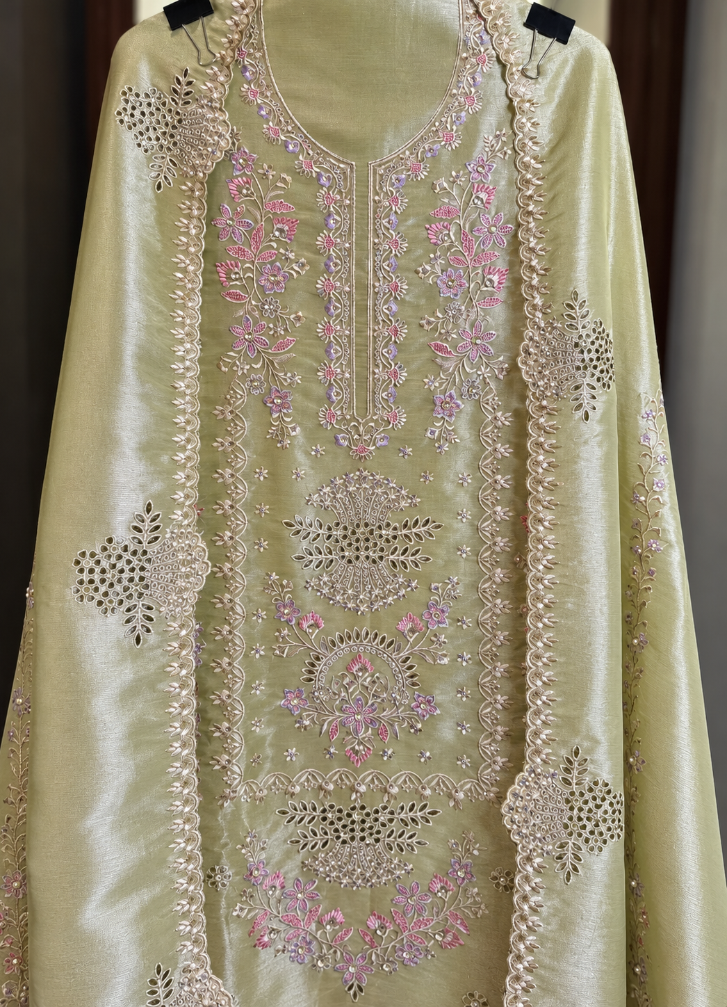 Salsa Silk Suit with Thread & Cut Work in Light Green — Salsa Silk, un-stitched suit set by Stree Boutique (photo 2)