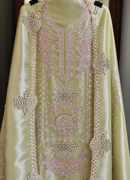 Salsa Silk Suit with Thread & Cut Work in Light Green — Salsa Silk, un-stitched suit set by Stree Boutique (photo 2)
