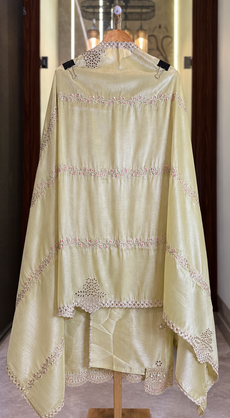 Salsa Silk Suit with Thread & Cut Work in Light Green — Salsa Silk, un-stitched suit set by Stree Boutique (photo 3)