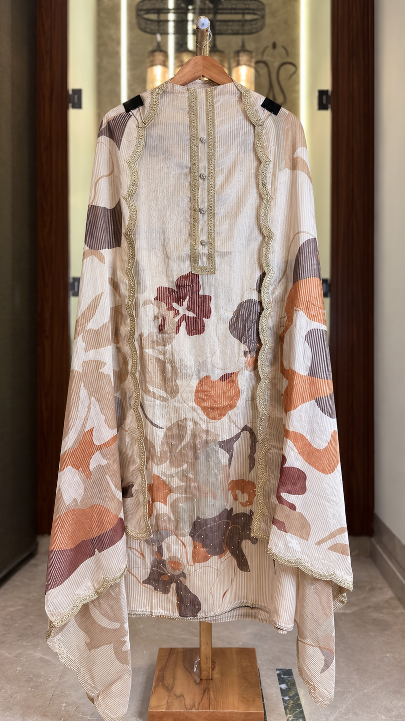 Printed Organza Shimmer Suit with Flower Print and Printed Dupatta in Beige & Brown — Organza Shimmer, un-stitched suit set by Stree Boutique (photo 1)