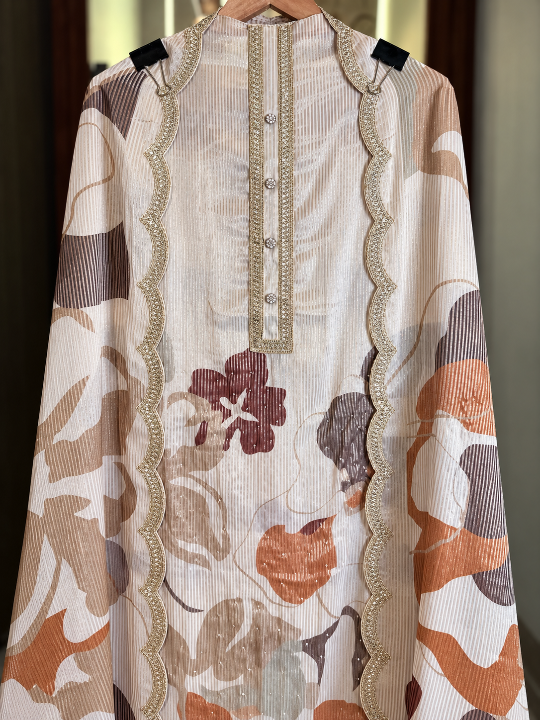 Printed Organza Shimmer Suit with Flower Print and Printed Dupatta in Beige & Brown — Organza Shimmer, un-stitched suit set by Stree Boutique (photo 2)