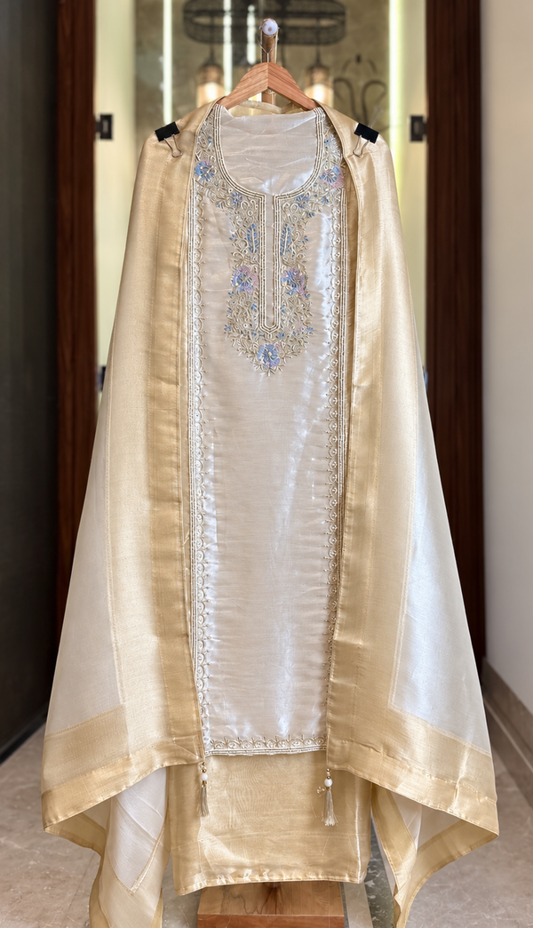 Giraffe Silk Suit with Neckline Embroidery in Ivory & Gold — Giraffe Silk, un-stitched suit set by Stree Boutique (photo 1)