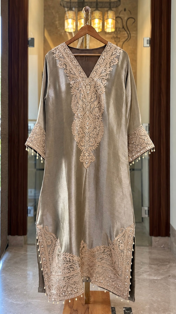 Giraffe Silk Co-ord Dress with Potli in Grey Shimmer — Giraffe Silk by Stree Boutique (photo 1)