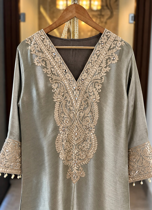 Giraffe Silk Co-ord Dress with Potli in Grey Shimmer — Giraffe Silk by Stree Boutique (photo 2)
