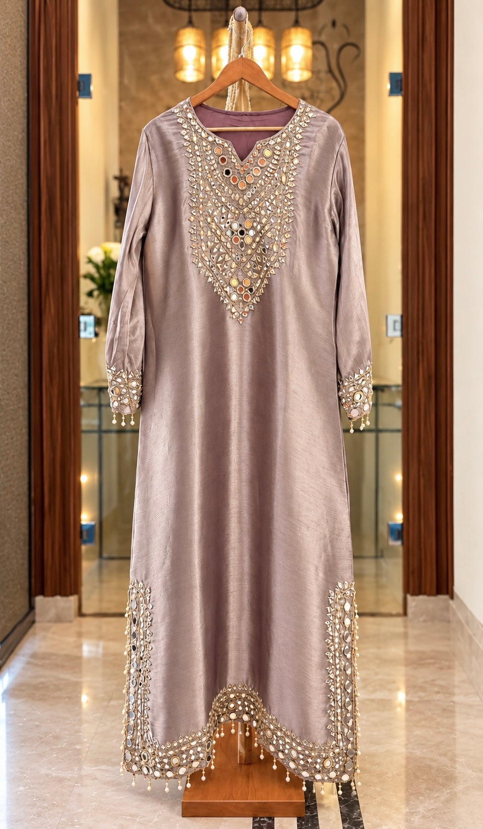 Giraffe Silk Co-ord Dress with Potli in Lavender Shimmer — Giraffe Silk by Stree Boutique (photo 1)