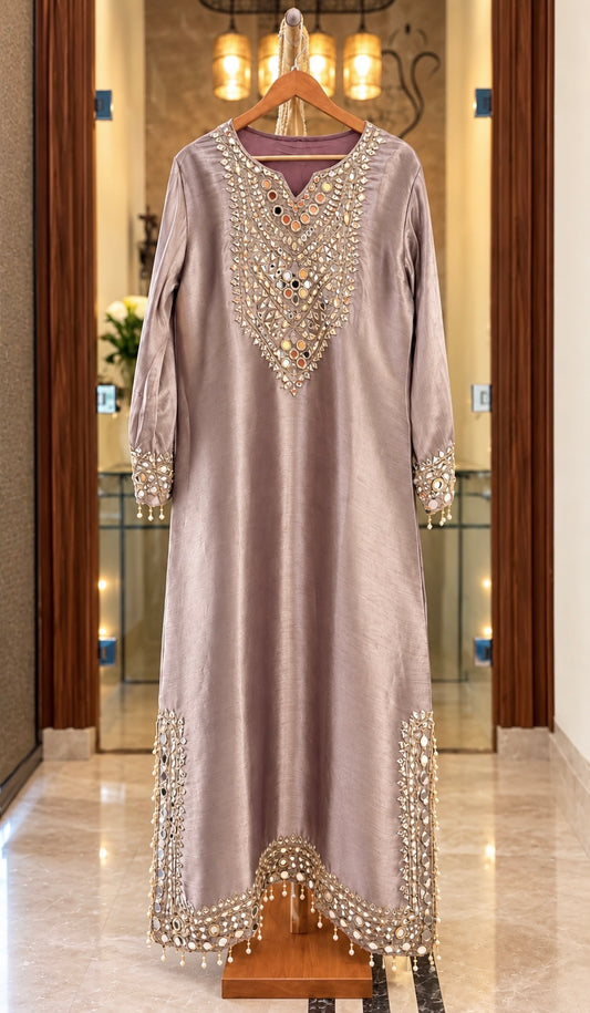 Giraffe Silk Co-ord Dress with Potli in Lavender Shimmer — Giraffe Silk by Stree Boutique (photo 1)