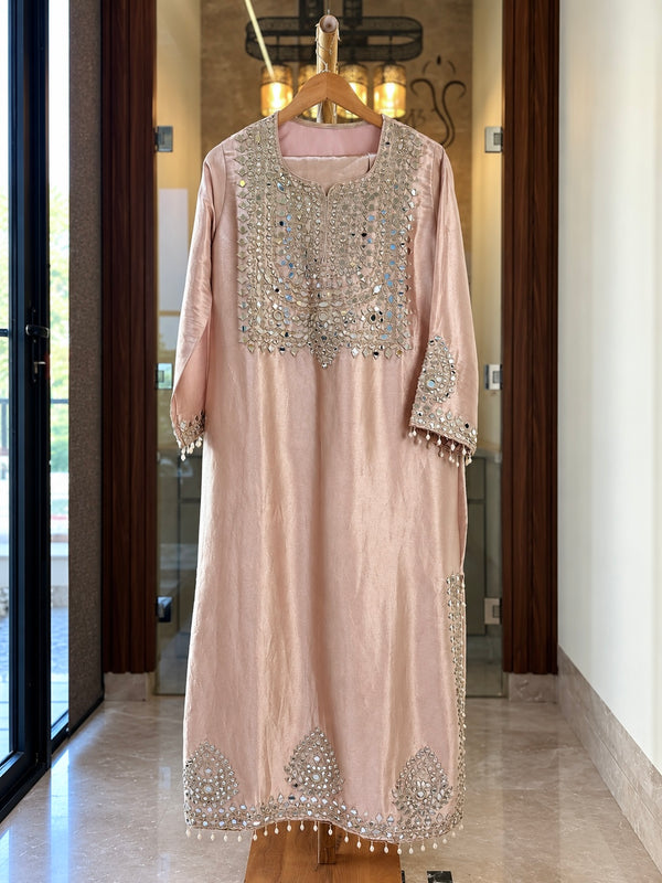 Giraffe Silk Co-ord Dress with Potli and Pants in Pink Shimmer — Giraffe Silk by Stree Boutique (photo 1)