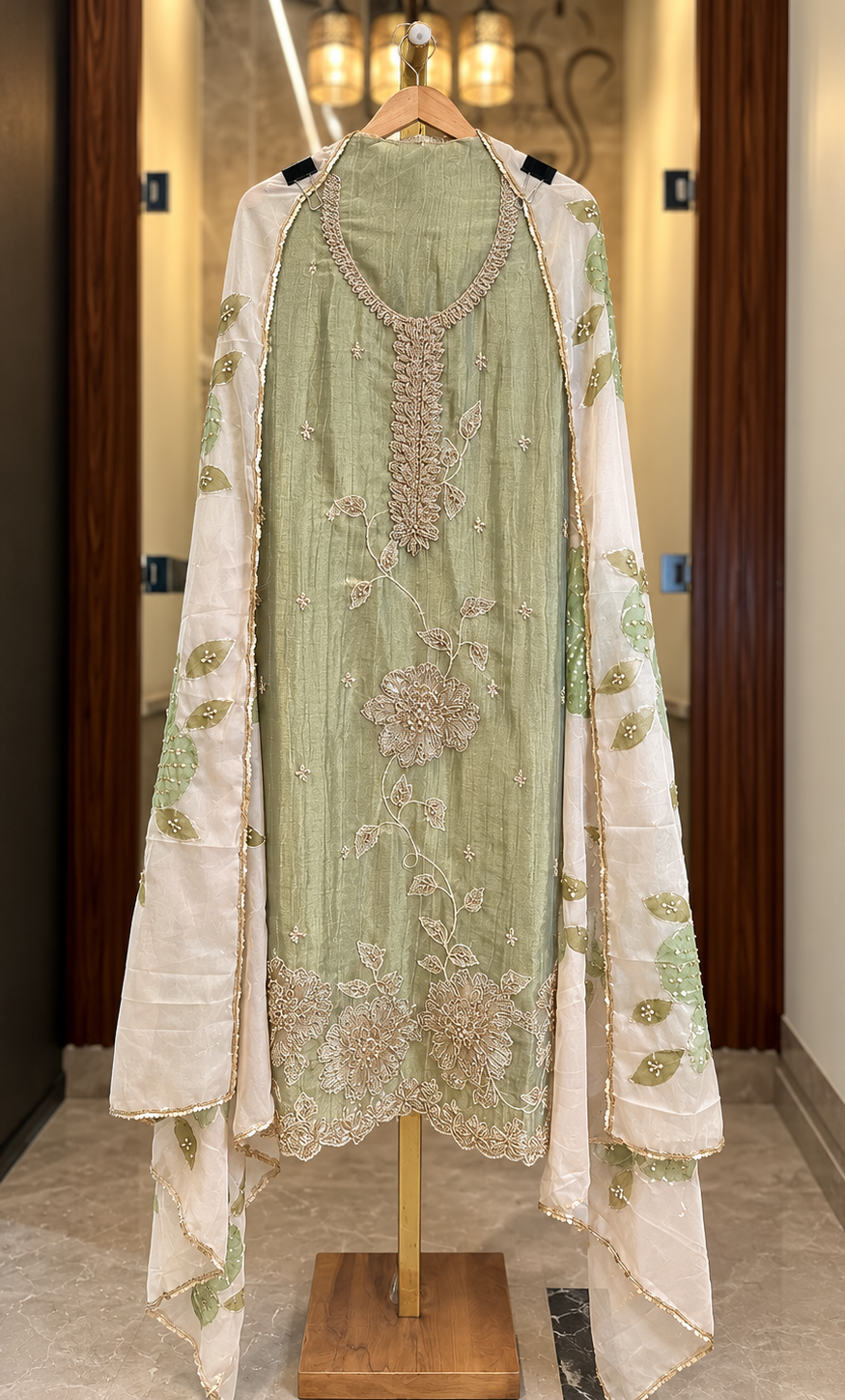 Crushed Tissue Suit with Kutdana & Zari Work with Organza Dupatta in Green Shimmer — Crushed Tissue, un-stitched suit set by Stree Boutique (photo 1)