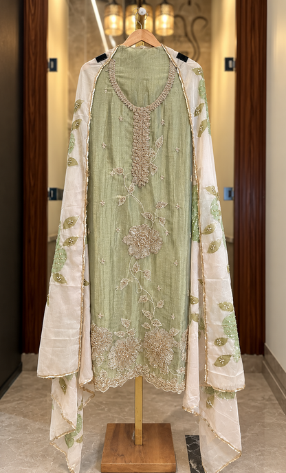 Crushed Tissue Suit with Kutdana & Zari Work with Organza Dupatta in Green Shimmer — Crushed Tissue, un-stitched suit set by Stree Boutique (photo 1)