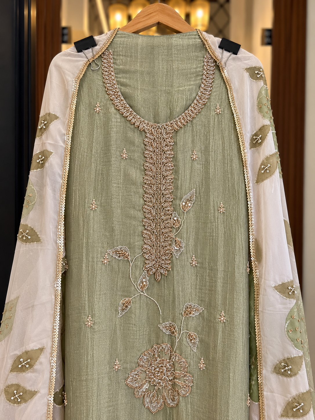 Crushed Tissue Suit with Kutdana & Zari Work with Organza Dupatta in Green Shimmer — Crushed Tissue, un-stitched suit set by Stree Boutique (photo 2)