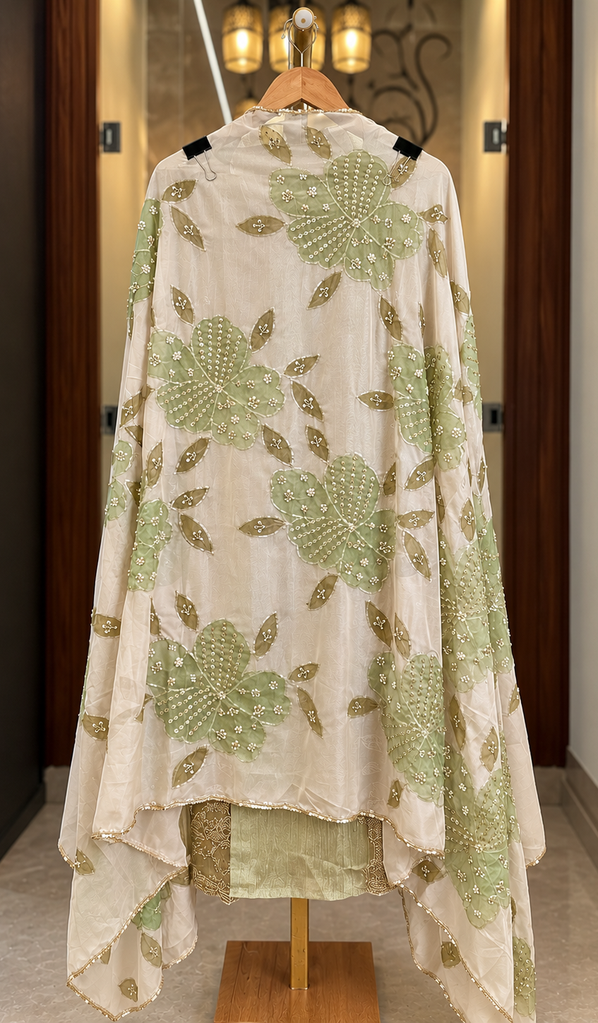 Crushed Tissue Suit with Kutdana & Zari Work with Organza Dupatta in Green Shimmer — Crushed Tissue, un-stitched suit set by Stree Boutique (photo 3)