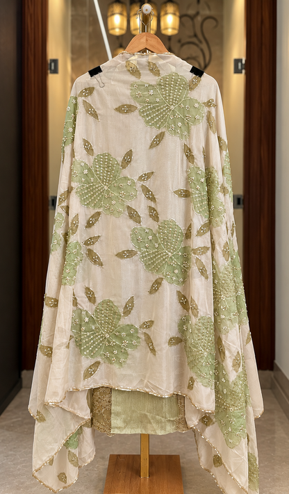 Crushed Tissue Suit with Kutdana & Zari Work with Organza Dupatta in Green Shimmer — Crushed Tissue, un-stitched suit set by Stree Boutique (photo 3)