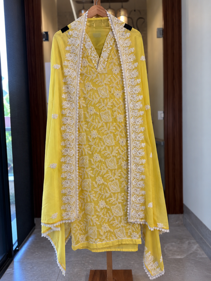 Pakistani Cotton Suit with Thread Work in Bright Yellow — Cotton, un-stitched suit set by Stree Boutique (photo 1)