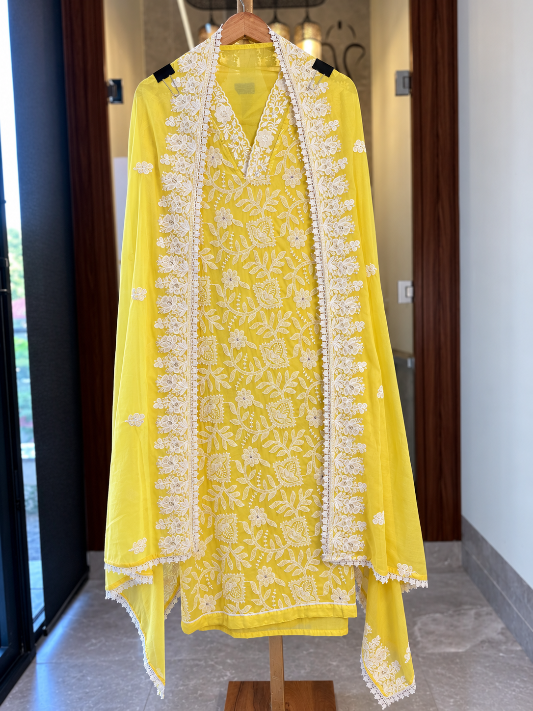 Pakistani Cotton Suit with Thread Work in Bright Yellow — Cotton, un-stitched suit set by Stree Boutique (photo 2)
