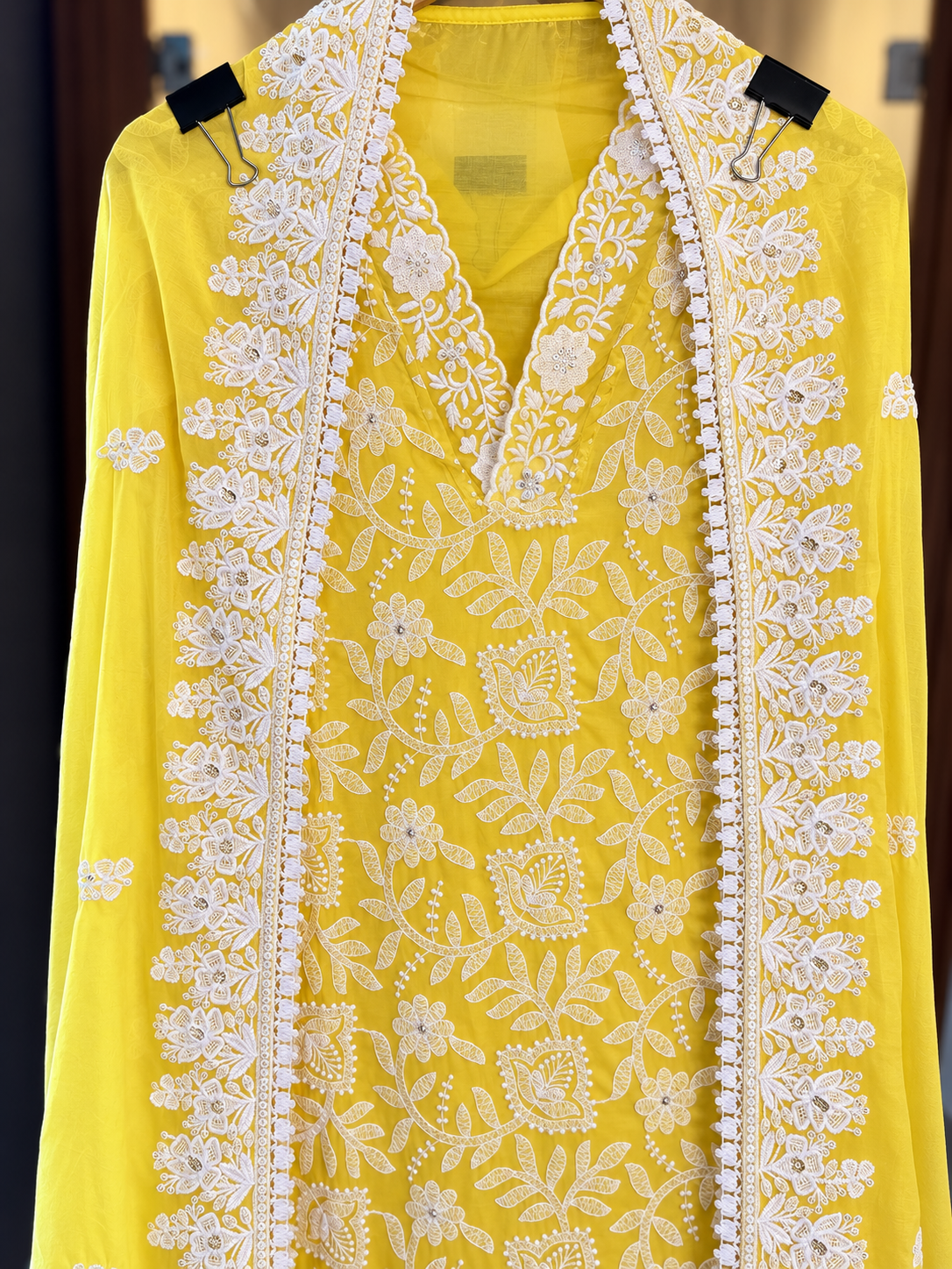 Pakistani Cotton Suit with Thread Work in Bright Yellow — Cotton, un-stitched suit set by Stree Boutique (photo 3)