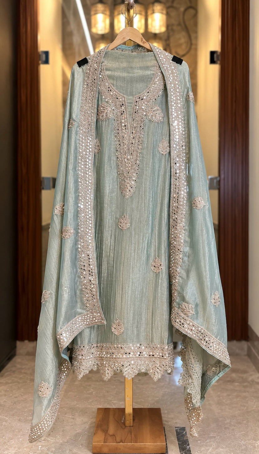 Crushed Tissue Suit with Mirror Work in Sage Green — Crushed Tissue, un-stitched suit set by Stree Boutique (photo 1)